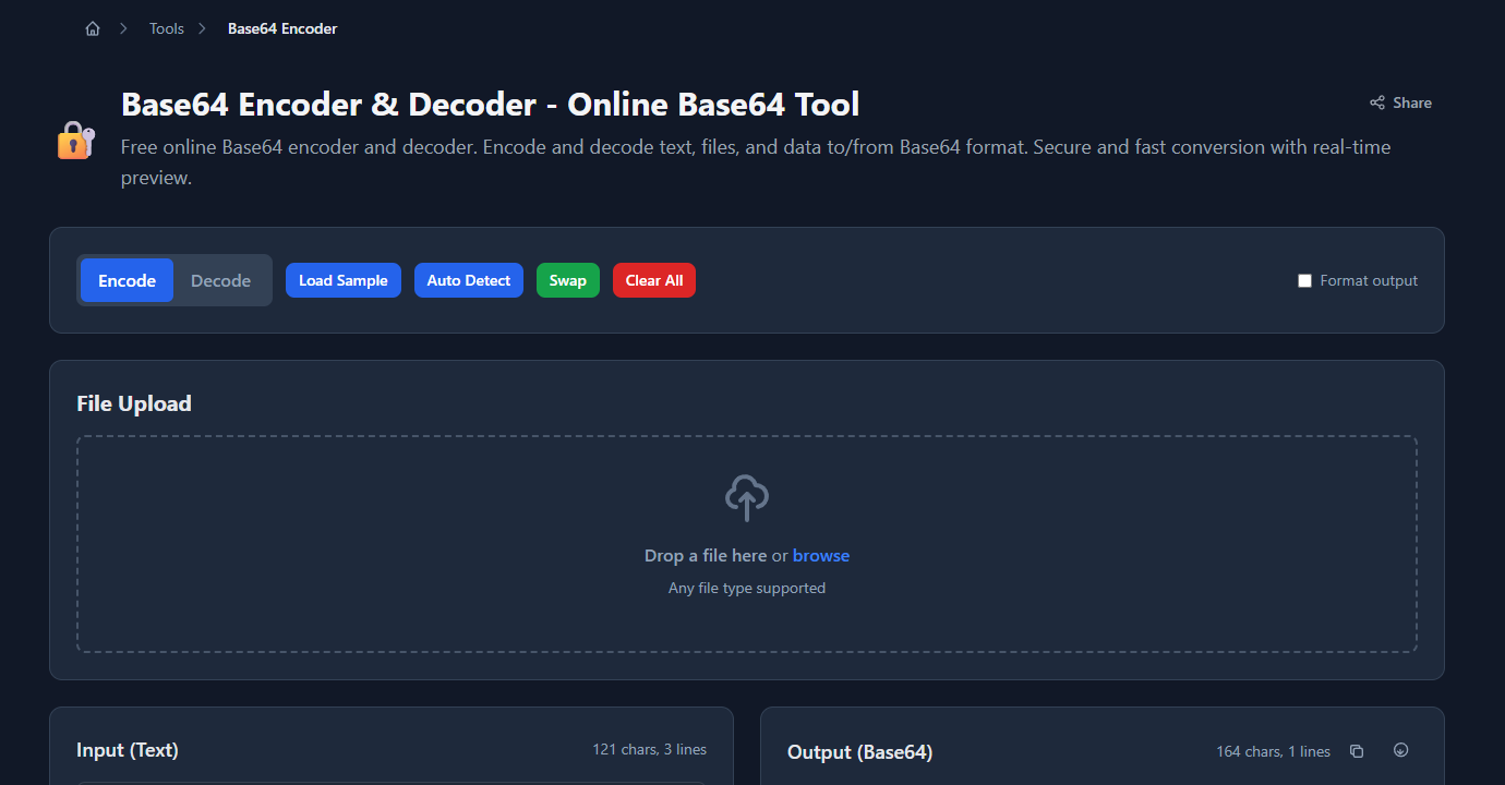 GoGood.dev Base64 Encoder in Encode mode — HTTP headers pasted as input, base64 output shown on the right