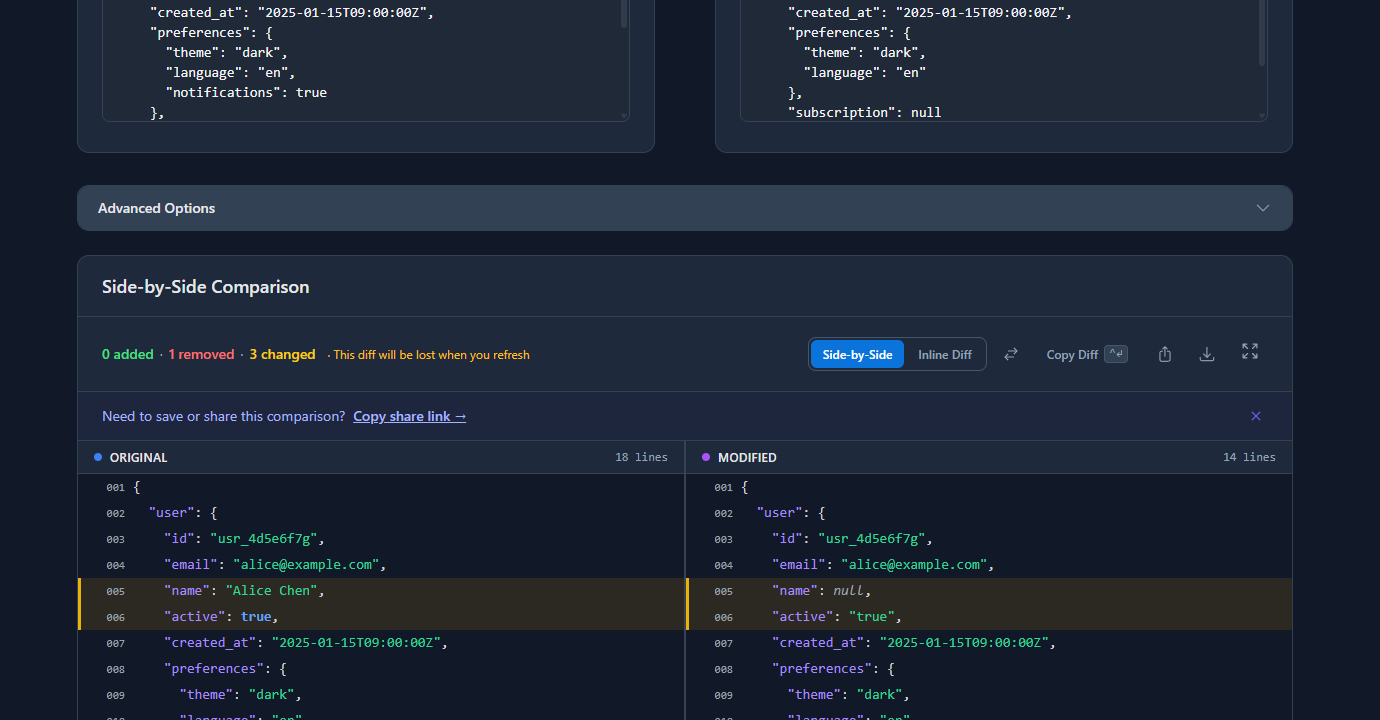 GoGood.dev JSON Compare diff highlighting active type mismatch, null name, missing notifications, null subscription