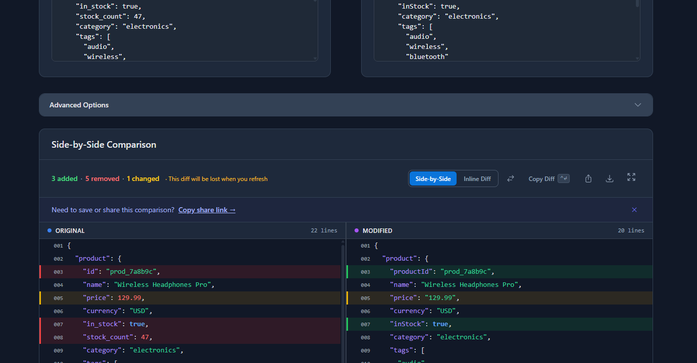 GoGood.dev JSON Compare diff showing id renamed to productId, price type changed string to number, stock_count removed