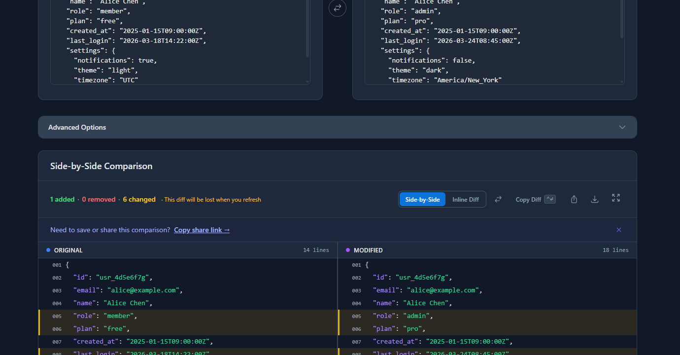 GoGood.dev JSON Compare diff result showing role changed from member to admin, plan from free to pro, and billing object added