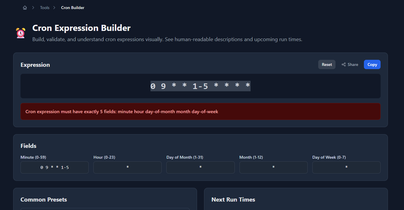 GoGood.dev Cron Builder with a cron expression entered — showing human-readable schedule description