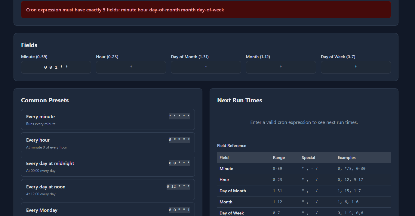 GoGood.dev Cron Builder showing next scheduled run times for a monthly cron expression