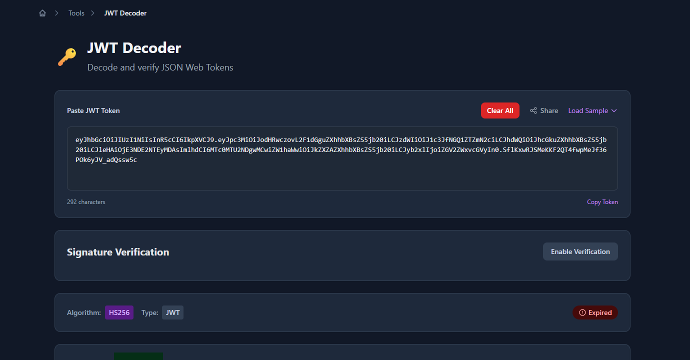 GoGood.dev JWT Decoder with an expired JWT — red Expired badge visible next to HS256 algorithm label