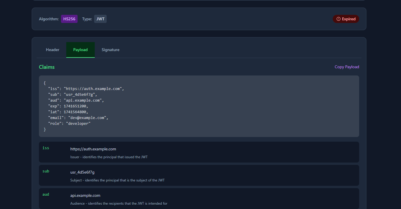 GoGood.dev JWT Decoder claims panel showing exp decoded as a readable date with Expired status and 367 days ago label