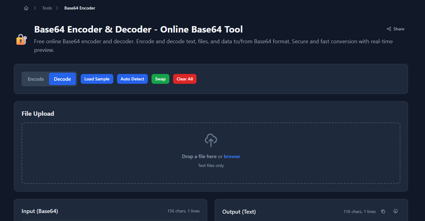 GoGood.dev Base64 Encoder in Decode mode — Base64 string pasted as input, ready to decode