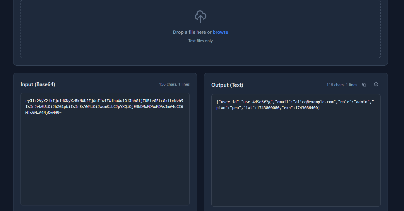 GoGood.dev Base64 Encoder showing decoded JSON payload with user_id, email, role, and exp fields