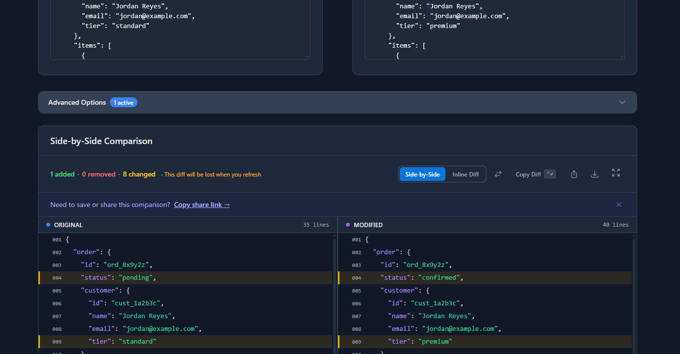 GoGood.dev JSON Compare diff showing order.status, order.customer.tier, order.totals, order.shipping.method all changed, and a new item added