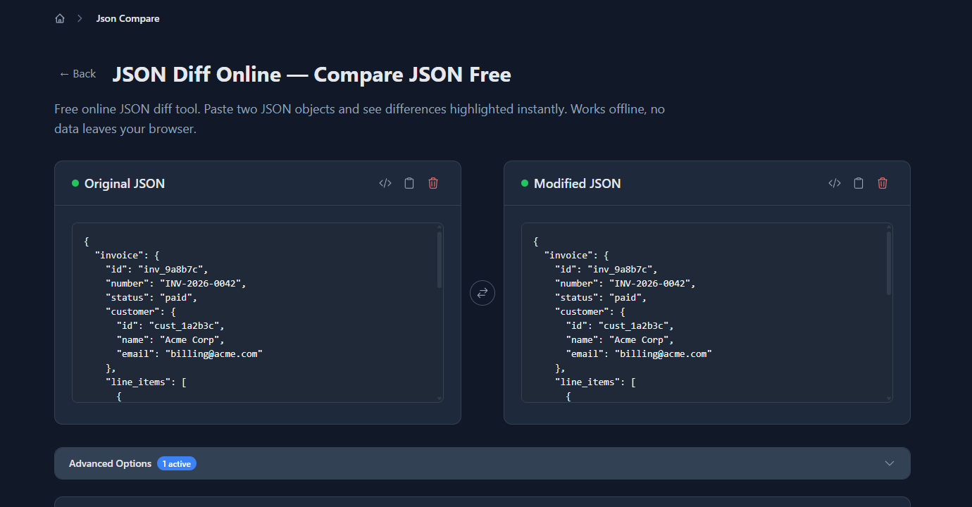 GoGood.dev JSON Compare with staging API response on left and production response on right for invoice endpoint