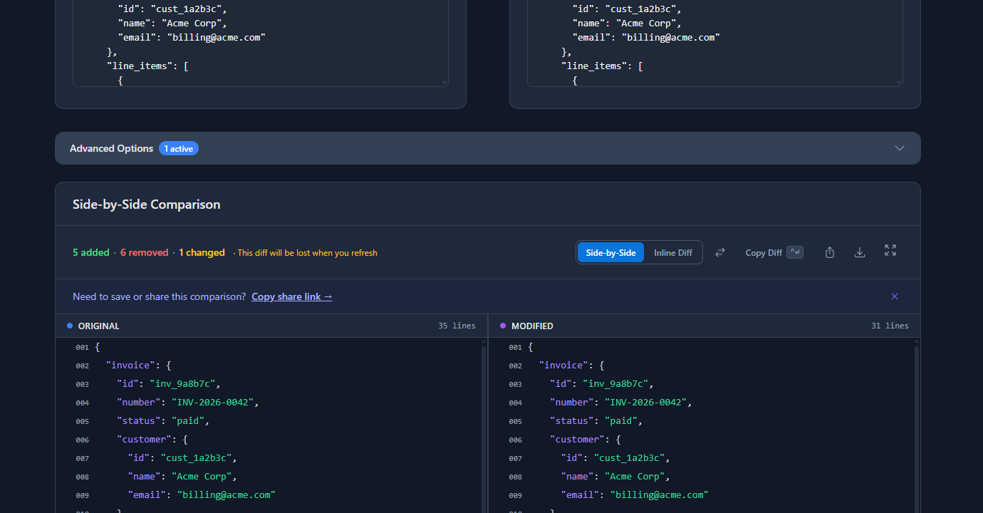 GoGood.dev JSON Compare diff showing line item field renames, tax structure change, currency case, and missing due_date between staging and prod