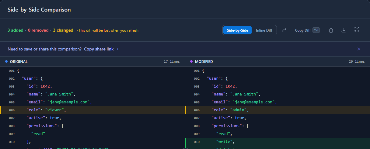 GoGood.dev JSON Compare side-by-side view — role viewer vs admin highlighted in amber, Side-by-Side and Inline Diff toggle buttons visible in toolbar