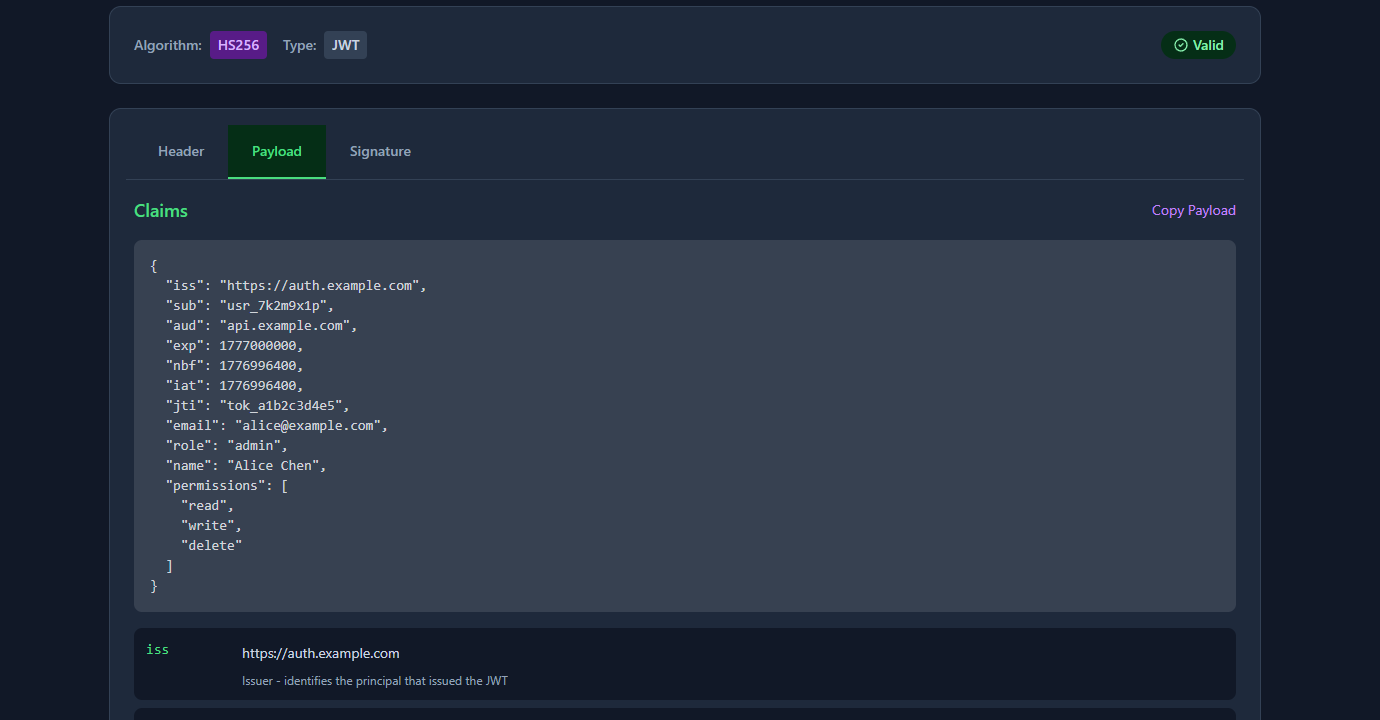 GoGood.dev JWT Decoder payload panel showing all decoded claims with descriptions — iss, sub, aud, exp with human-readable timestamps, and custom claims