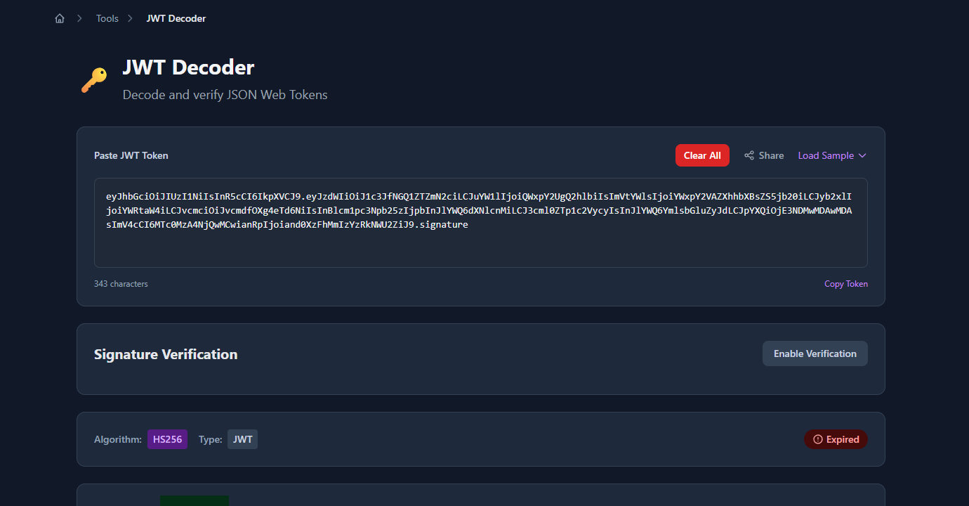 GoGood.dev JWT Decoder with a JWT pasted — header, payload, and signature sections visible