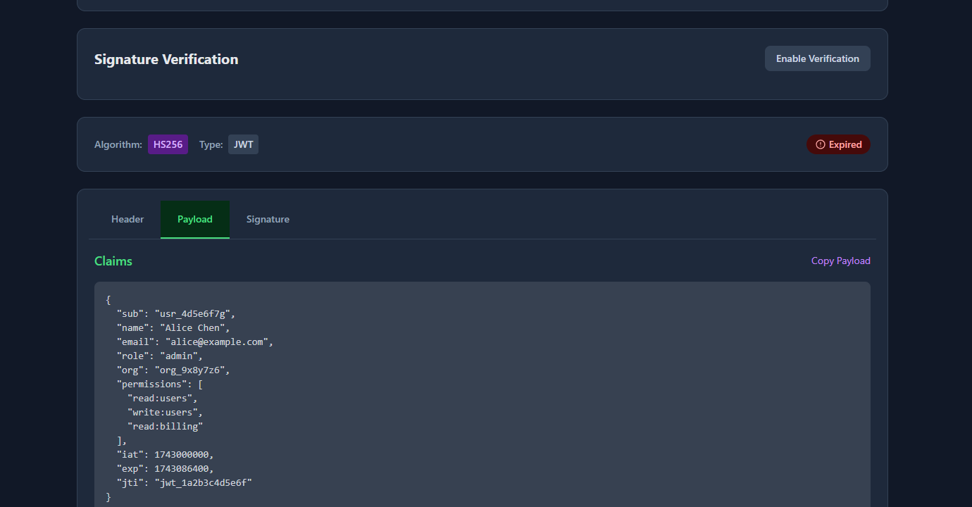 GoGood.dev JWT Decoder claims panel showing sub, name, role, permissions, iat, and exp decoded with readable timestamps