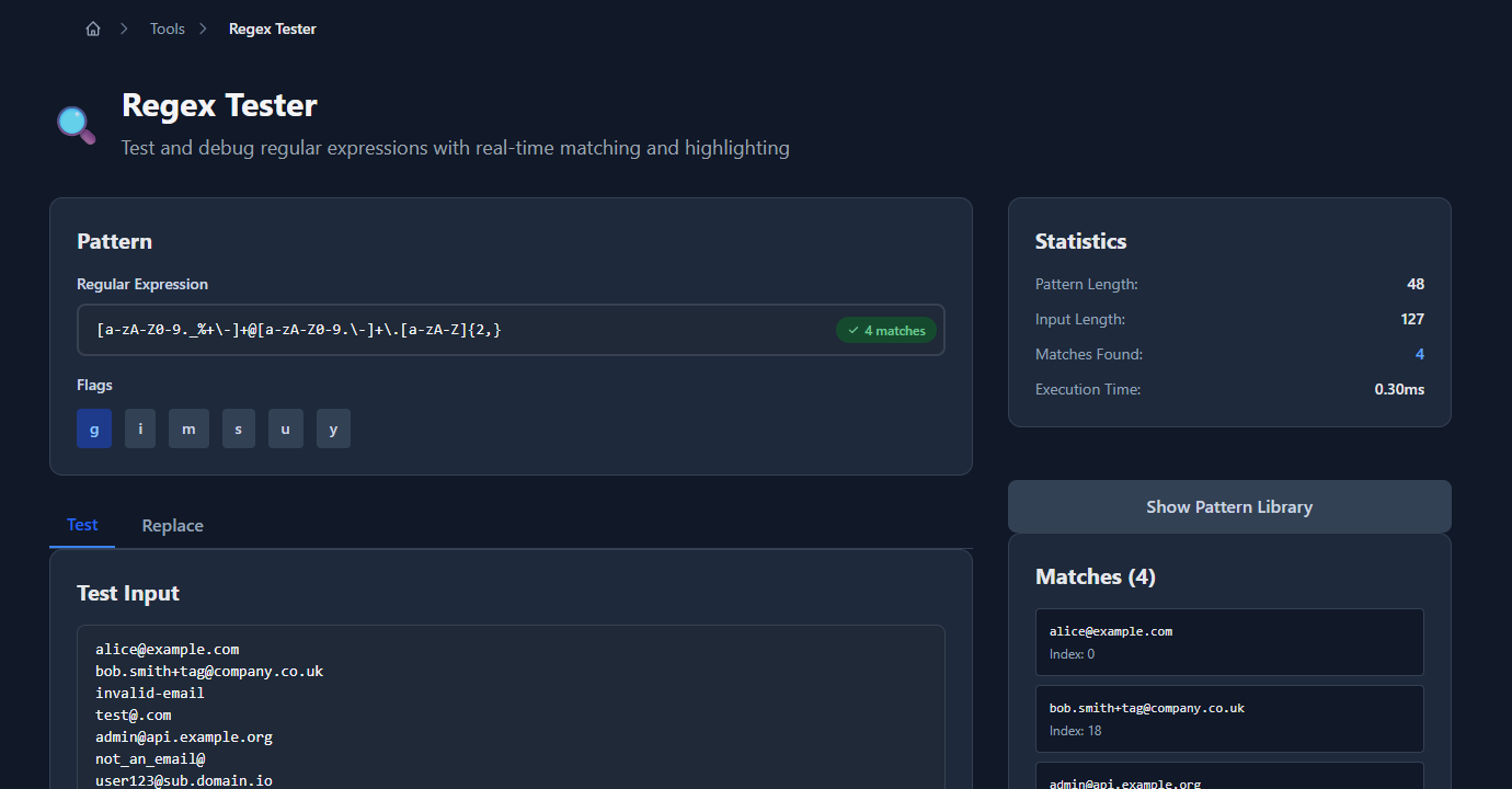 GoGood.dev Regex Tester with an email regex pattern entered and test strings in the input area